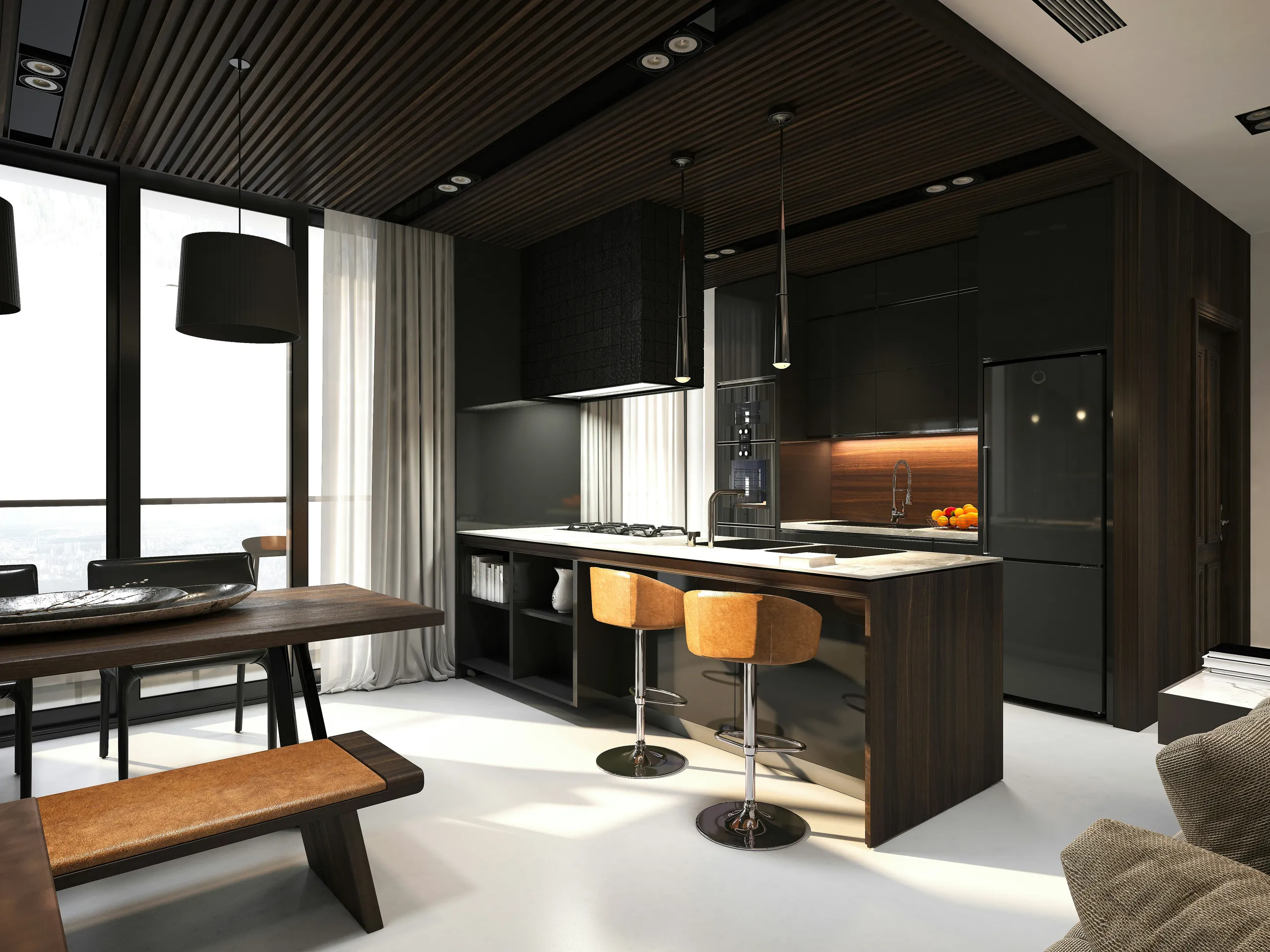 Cocina open-space · isla negra, madera clara