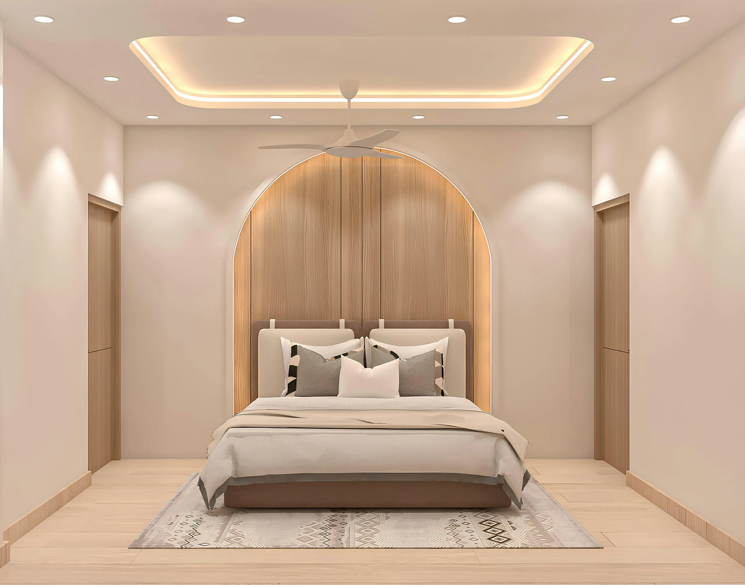 Dormitorio · panel de madera, paleta beige